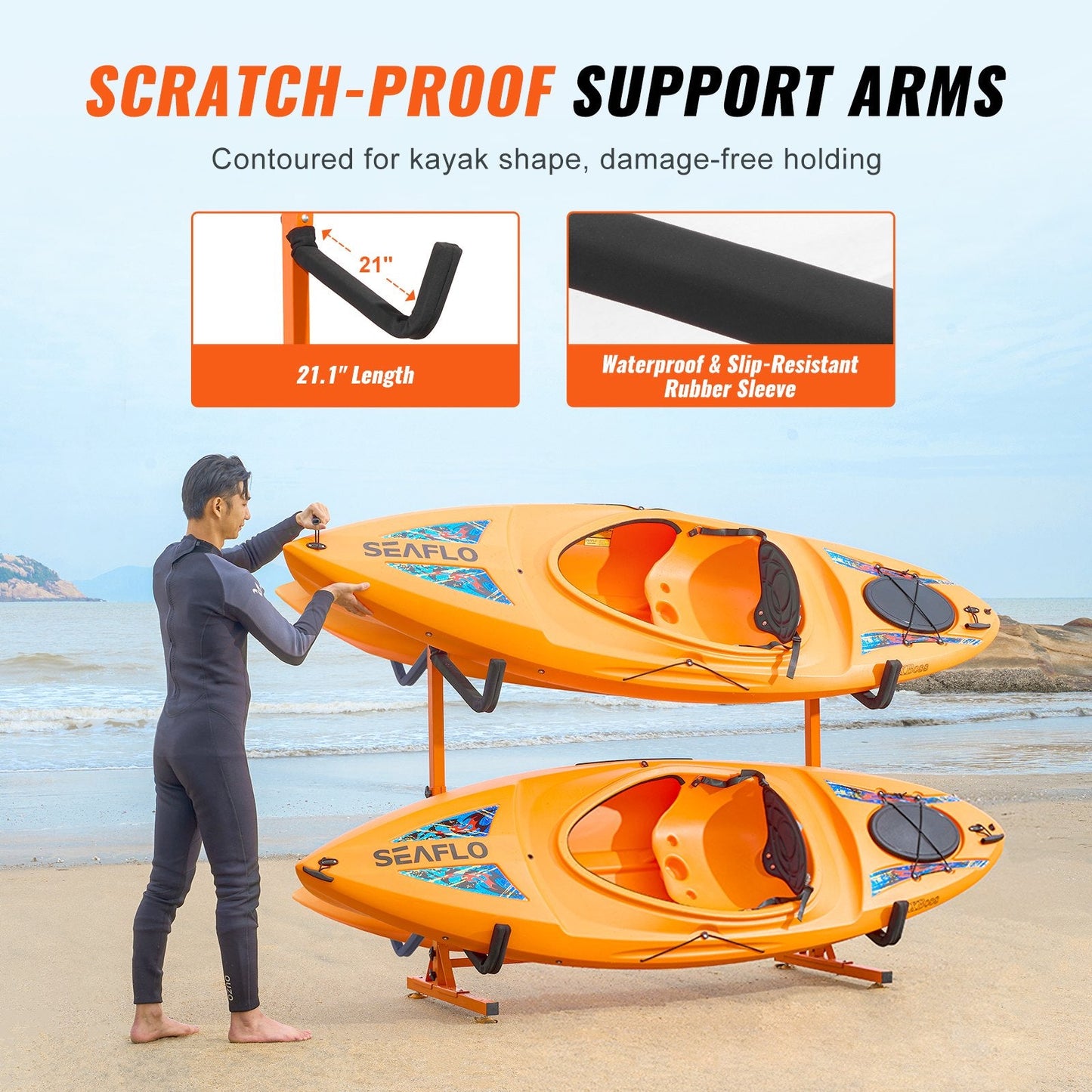 Freestanding Kayak Storage Rack, Kayak Stand for 4 Kayak Canoe Paddleboard, Heavy-duty Steel Kayak Hanger Holder with Padded Arms and Adjustable Width, 100 kg Max Load, for Indoor Outdoor Garage.