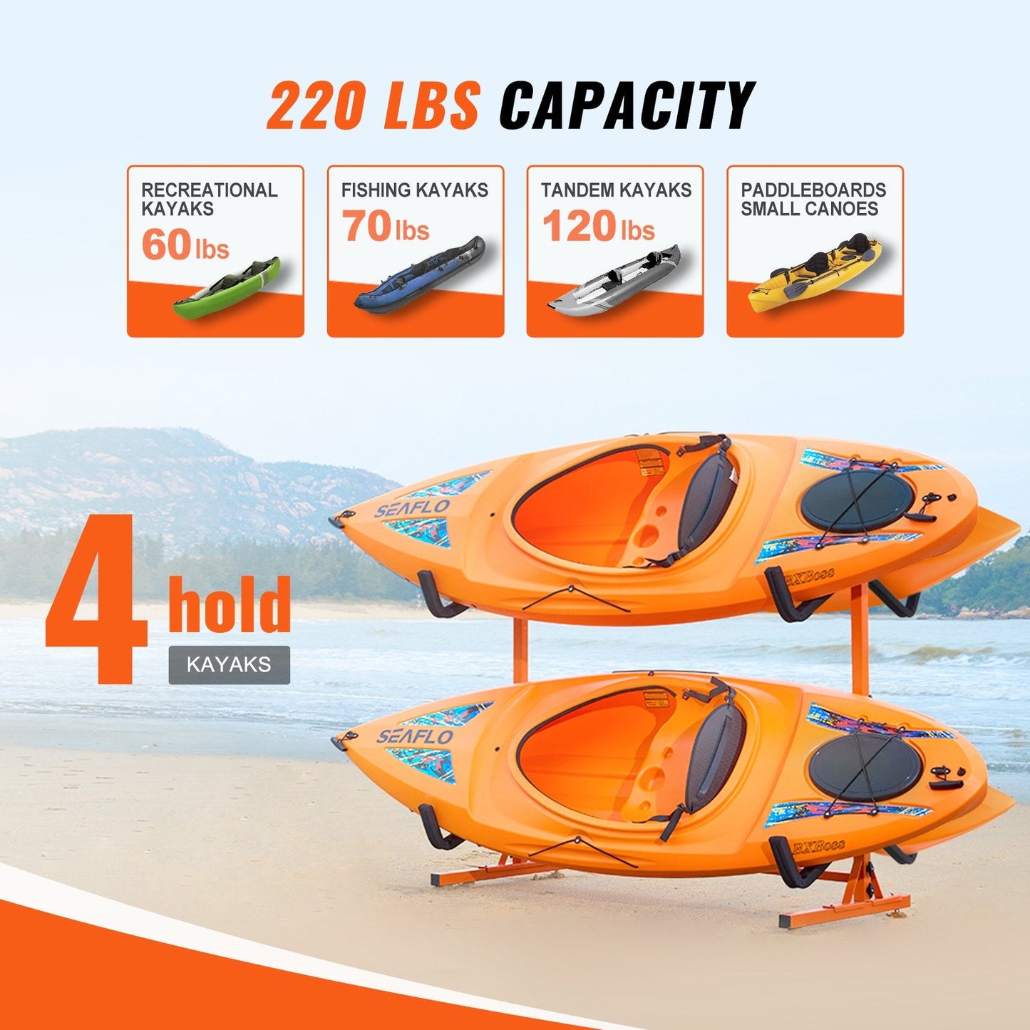 Freestanding Kayak Storage Rack, Kayak Stand for 4 Kayak Canoe Paddleboard, Heavy-duty Steel Kayak Hanger Holder with Padded Arms and Adjustable Width, 100 kg Max Load, for Indoor Outdoor Garage.