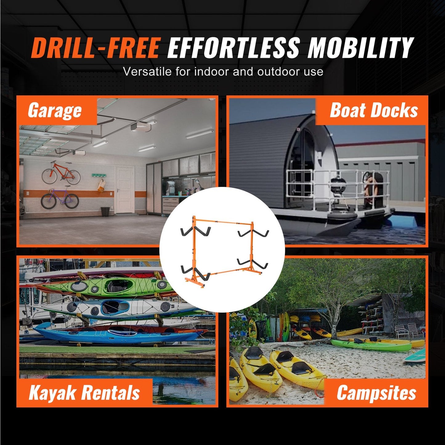 Freestanding Kayak Storage Rack, Kayak Stand for 4 Kayak Canoe Paddleboard, Heavy-duty Steel Kayak Hanger Holder with Padded Arms and Adjustable Width, 100 kg Max Load, for Indoor Outdoor Garage.