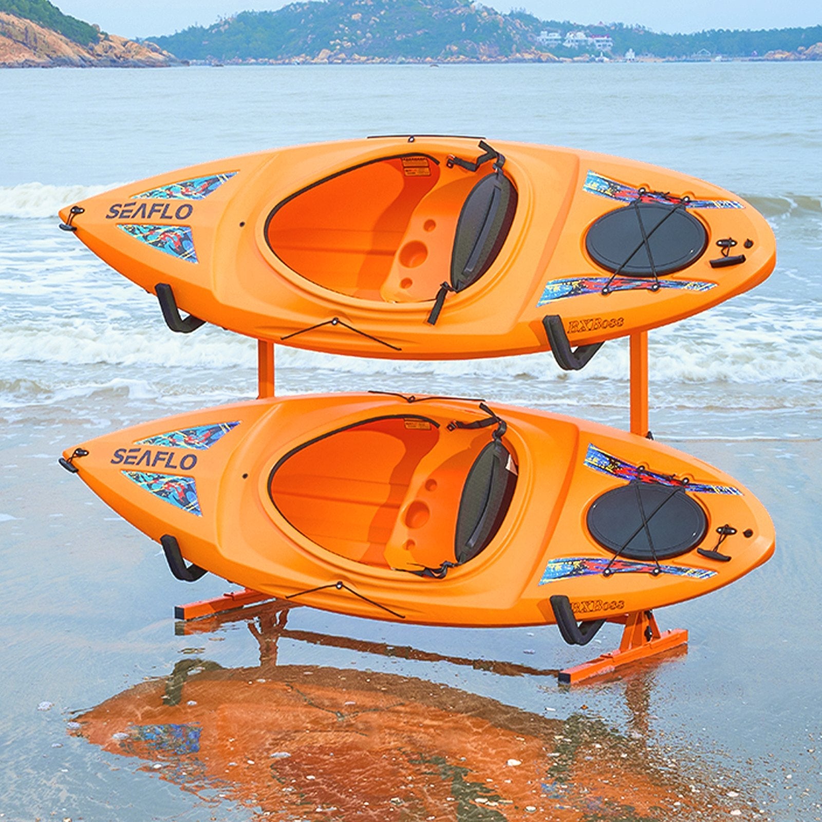 Freestanding Kayak Storage Rack, Kayak Stand for 4 Kayak Canoe Paddleboard, Heavy-duty Steel Kayak Hanger Holder with Padded Arms and Adjustable Width, 100 kg Max Load, for Indoor Outdoor Garage.