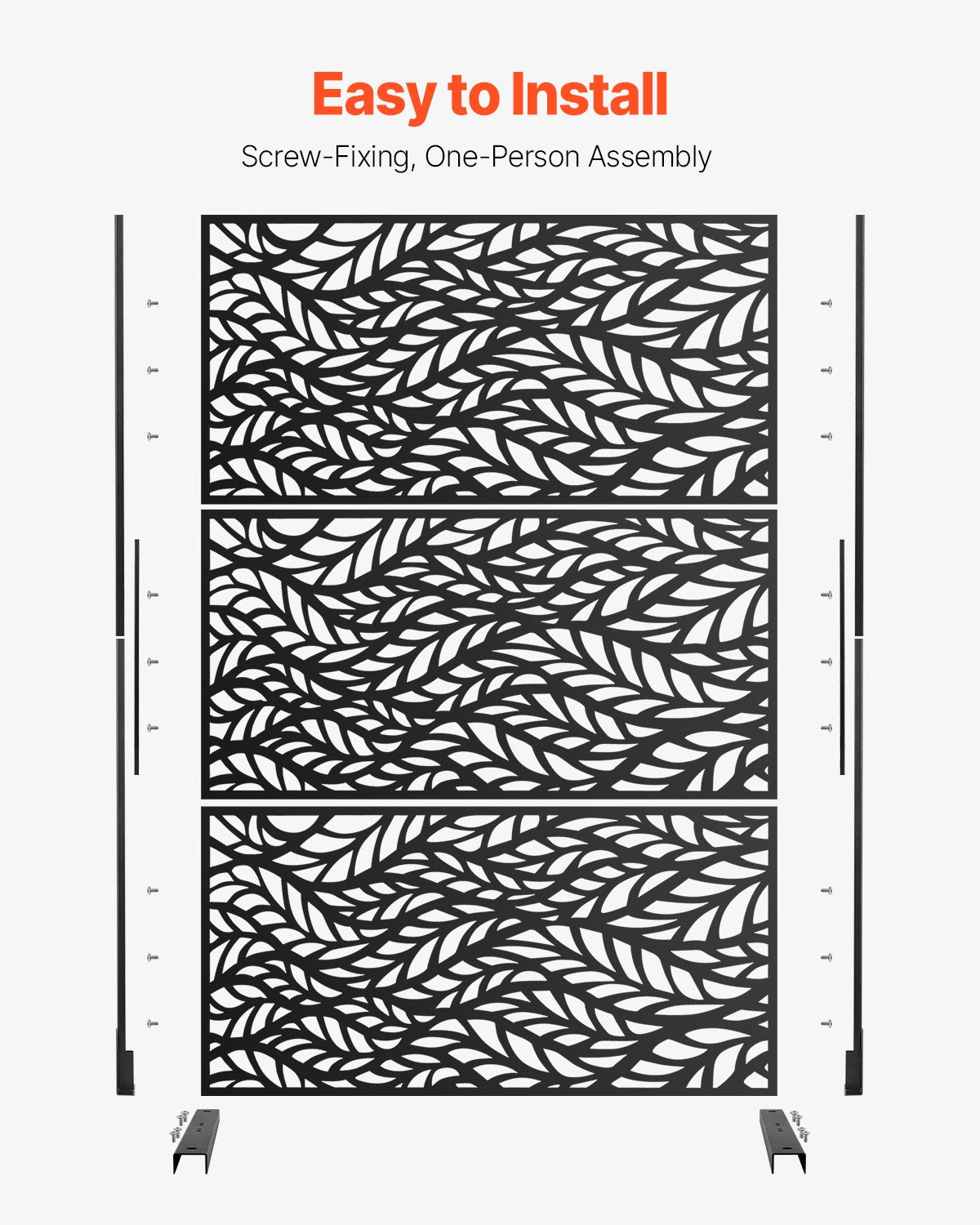 Metal Privacy Screen, 47" W x 72" H, Outdoor Privacy Screens & Panels, Freestanding Outdoor Divider with Stand, 3-Panel Decorative Garden Steel Privacy Fence for Balcony Patio Indoor Room Black