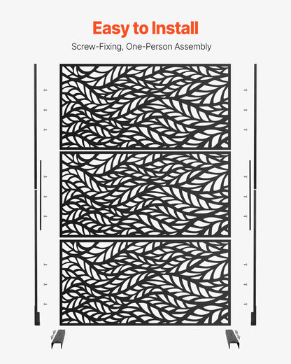 Metal Privacy Screen, 47" W x 72" H, Outdoor Privacy Screens & Panels, Freestanding Outdoor Divider with Stand, 3-Panel Decorative Garden Steel Privacy Fence for Balcony Patio Indoor Room Black