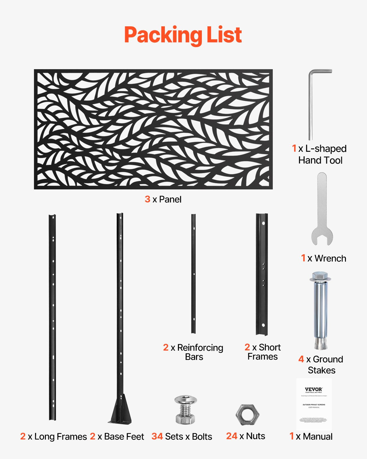 Metal Privacy Screen, 47" W x 72" H, Outdoor Privacy Screens & Panels, Freestanding Outdoor Divider with Stand, 3-Panel Decorative Garden Steel Privacy Fence for Balcony Patio Indoor Room Black