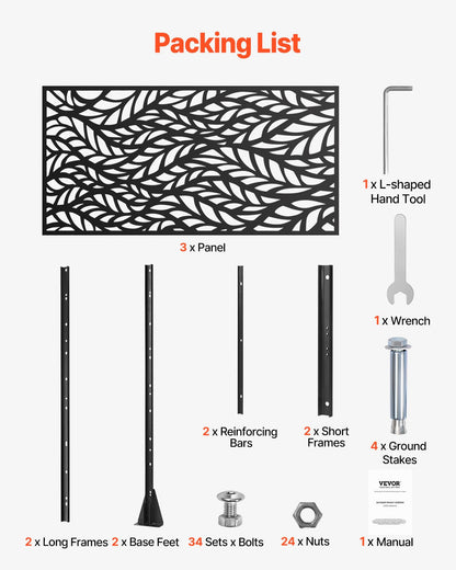 Metal Privacy Screen, 47" W x 72" H, Outdoor Privacy Screens & Panels, Freestanding Outdoor Divider with Stand, 3-Panel Decorative Garden Steel Privacy Fence for Balcony Patio Indoor Room Black