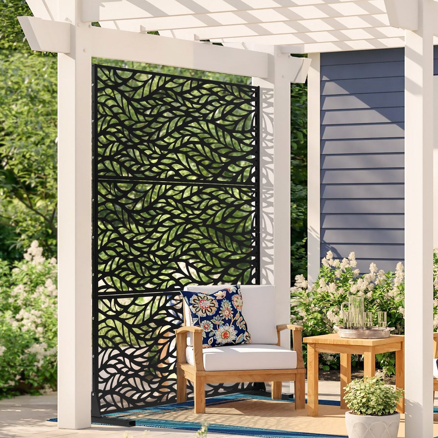 Metal Privacy Screen, 47" W x 72" H, Outdoor Privacy Screens & Panels, Freestanding Outdoor Divider with Stand, 3-Panel Decorative Garden Steel Privacy Fence for Balcony Patio Indoor Room Black