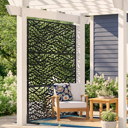 Metal Privacy Screen, 47" W x 72" H, Outdoor Privacy Screens & Panels, Freestanding Outdoor Divider with Stand, 3-Panel Decorative Garden Steel Privacy Fence for Balcony Patio Indoor Room Black