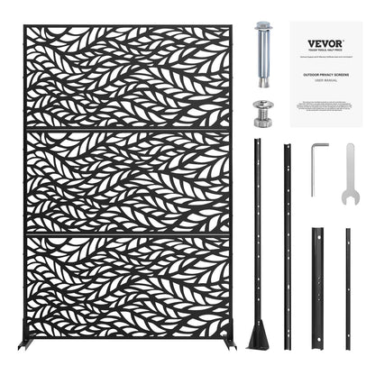 Metal Privacy Screen, 47" W x 72" H, Outdoor Privacy Screens & Panels, Freestanding Outdoor Divider with Stand, 3-Panel Decorative Garden Steel Privacy Fence for Balcony Patio Indoor Room Black