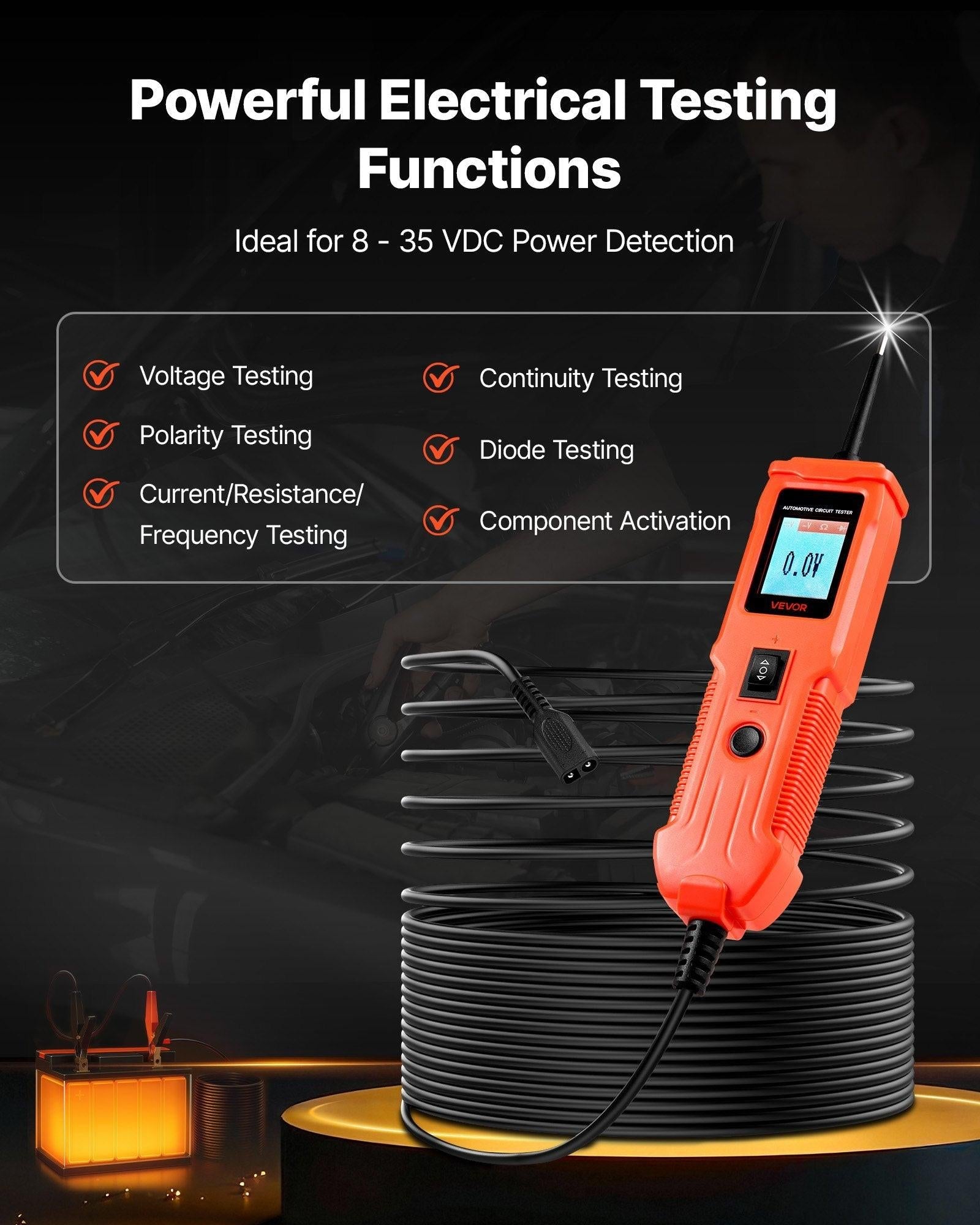 Automotive Circuit Tester, 8 - 35 DCV Power Circuit Probe Tester with TFT Color Display and Lighting, Automotive Power Tester Probe with 13 ft / 4 m Cable, ABS Shell Electrical Detector Finder.