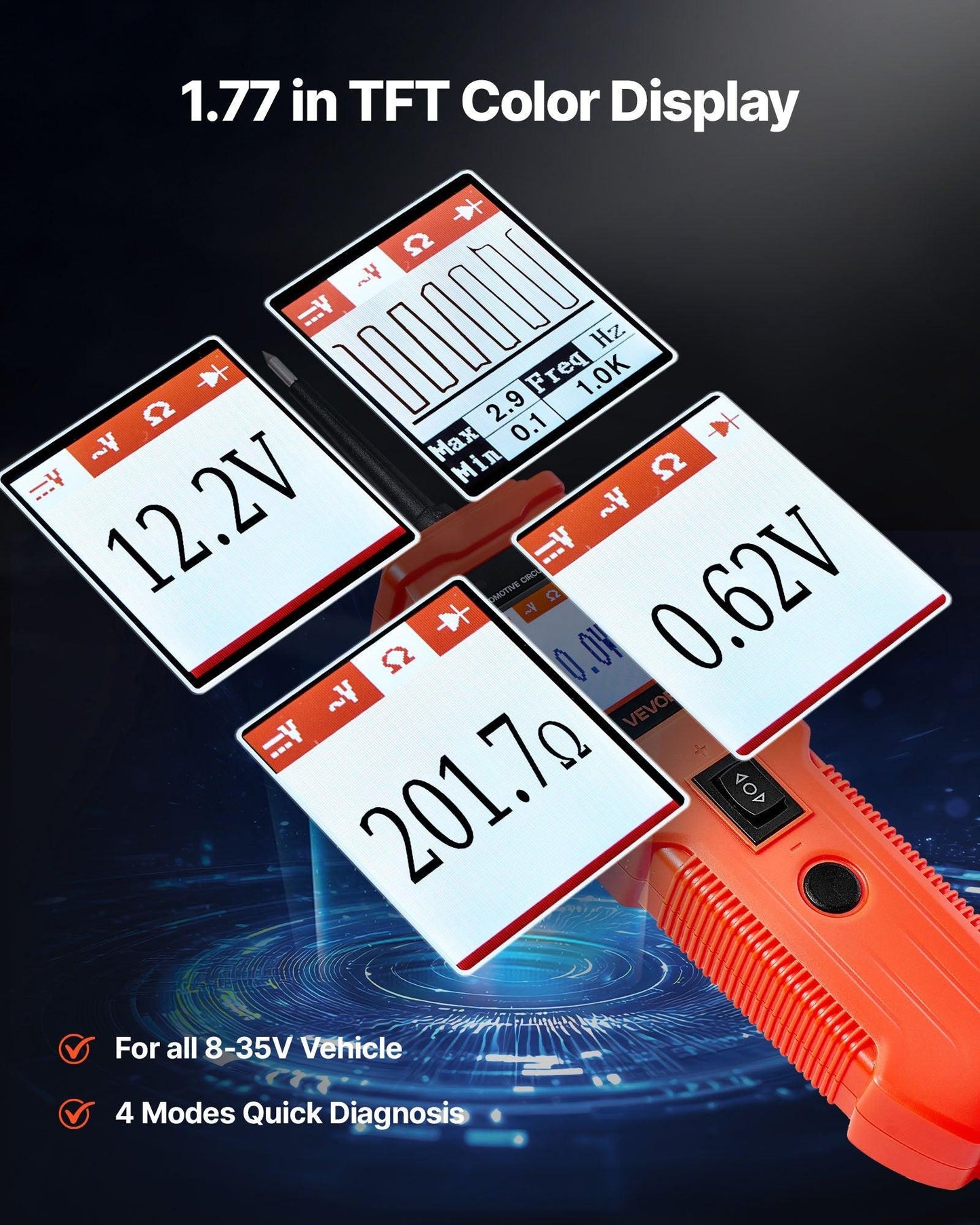 Automotive Circuit Tester, 8 - 35 DCV Power Circuit Probe Tester with TFT Color Display and Lighting, Automotive Power Tester Probe with 13 ft / 4 m Cable, ABS Shell Electrical Detector Finder.