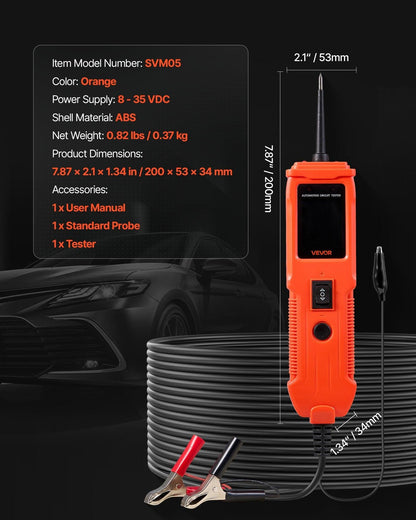 Automotive Circuit Tester, 8 - 35 DCV Power Circuit Probe Tester with TFT Color Display and Lighting, Automotive Power Tester Probe with 13 ft / 4 m Cable, ABS Shell Electrical Detector Finder.