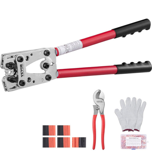 Battery Cable Lug Crimping Tool, 10-1/0AWG with Cable Cutter and 95PCS Copper Ring Terminals, 6 Wire Sizes Crimping Die and 100pcs Heat Shrink Tubes, for Heavy Duty Wire Lugs.