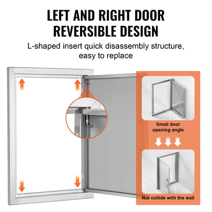 BBQ Access Door, 432x610 mm Single Outdoor Kitchen Door, Stainless Steel Flush Mount Door, Wall Vertical Door with Handle, for BBQ Island, Grilling Station, Outside Cabinet