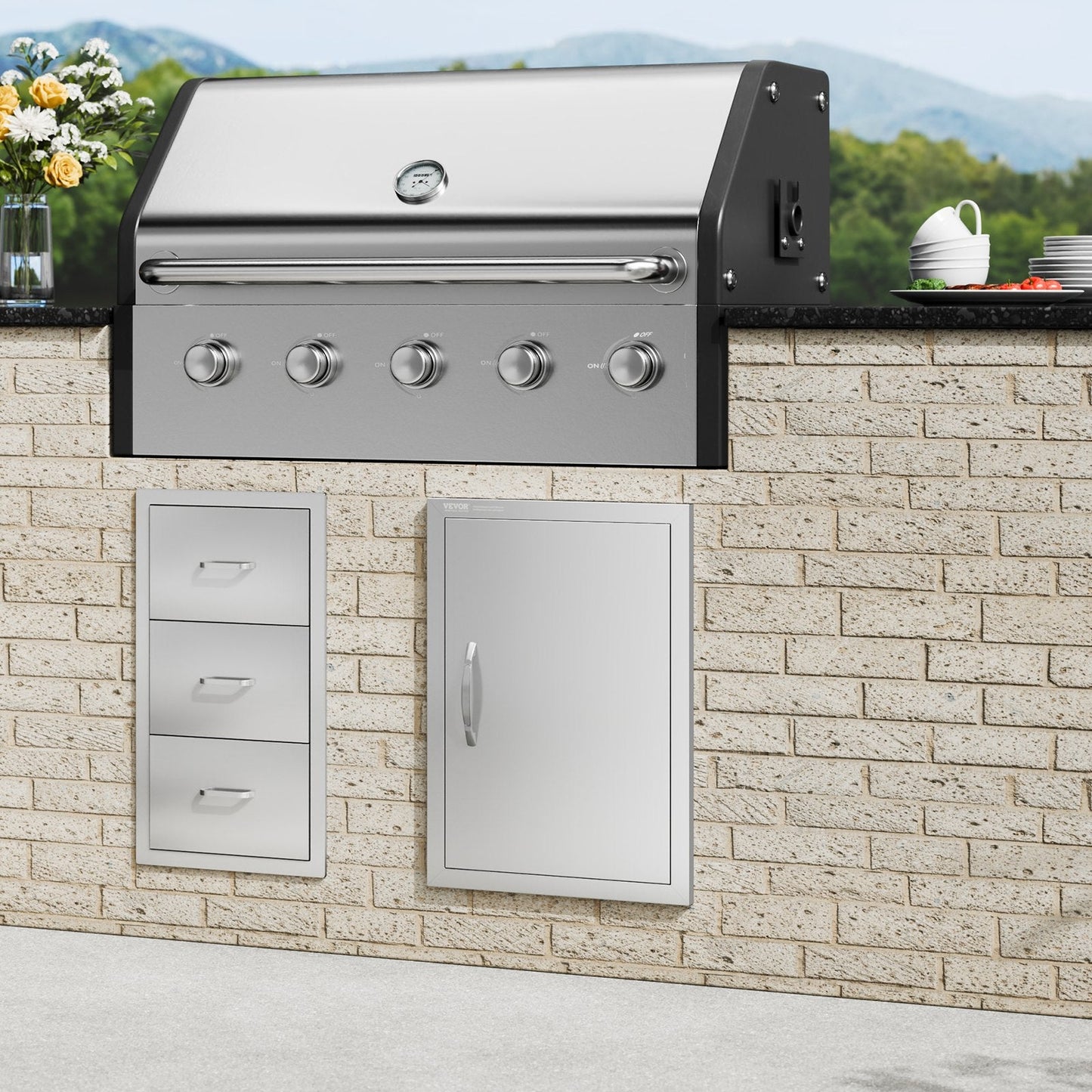 BBQ Access Door, 432x610 mm Single Outdoor Kitchen Door, Stainless Steel Flush Mount Door, Wall Vertical Door with Handle, for BBQ Island, Grilling Station, Outside Cabinet