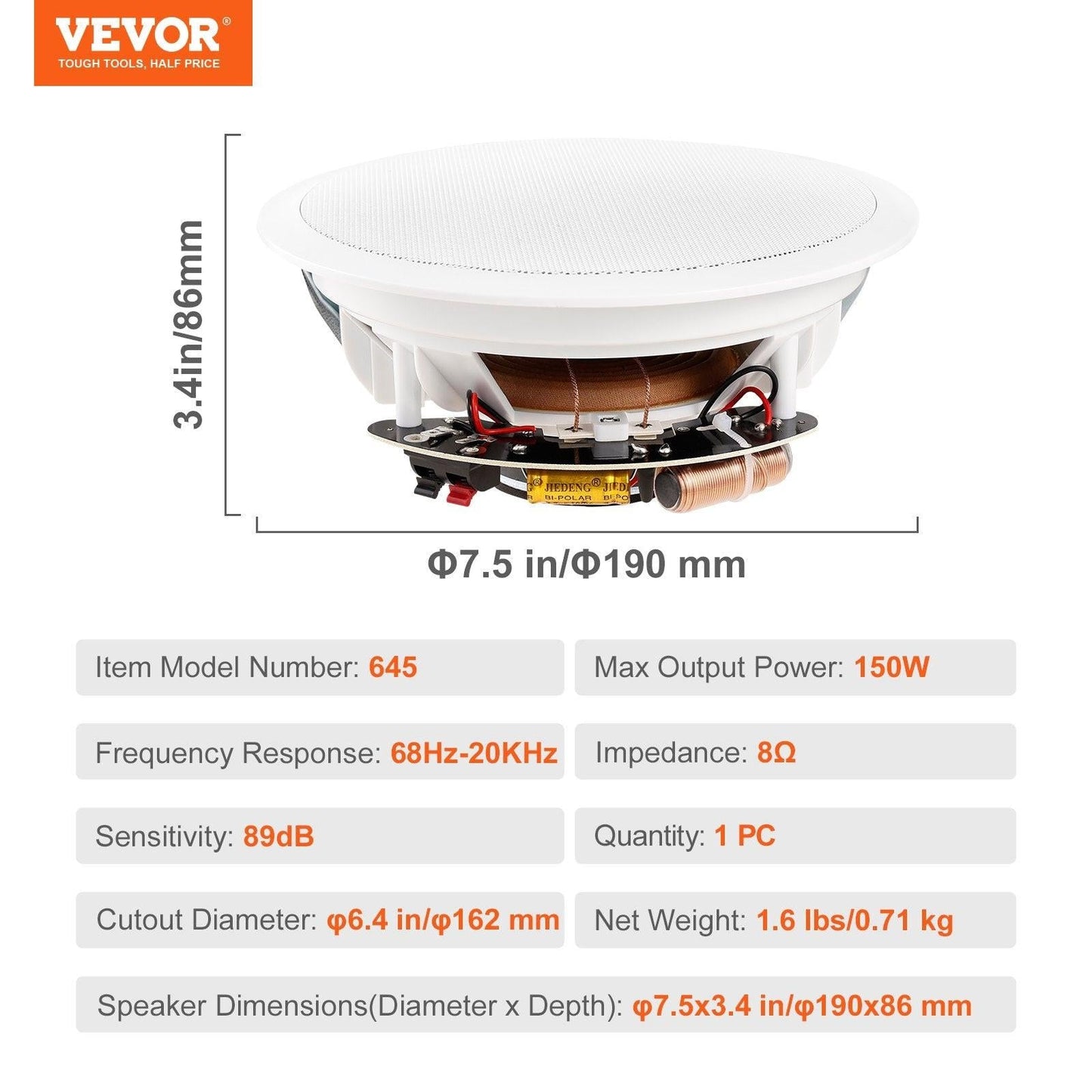 165.1 mm in Ceiling Speakers, 150-Watts, Flush Mount Ceiling & in-Wall Speakers System with 8Î©Impedance 89dB Sensitivity, for Home Kitchen Living Room Bedroom or Covered Outdoor Porches, Single.