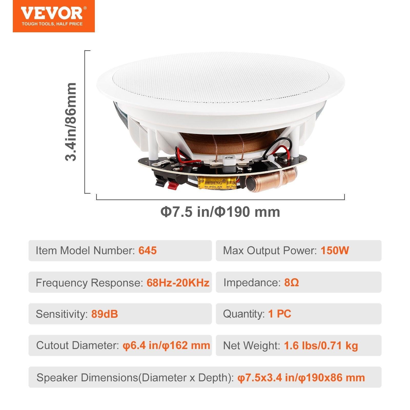 165.1 mm in Ceiling Speakers, 150-Watts, Flush Mount Ceiling & in-Wall Speakers System with 8Î©Impedance 89dB Sensitivity, for Home Kitchen Living Room Bedroom or Covered Outdoor Porches, Single.