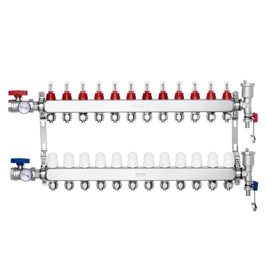 12-Branch Radiant Heat Manifold, 1/2" PEX Tubing Manifold, Stainless Steel PEX Manifold for Hydronic Radiant Floor Heating, Radiant Heat PEX Manifold Kit with 1/2" Adapters Included.