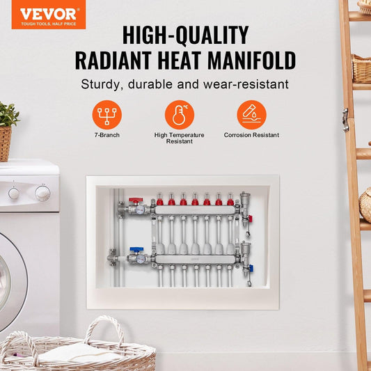 7-Branch Radiant Heat Manifold, 1/2" PEX Tubing Manifold, Stainless Steel PEX Manifold for Hydronic Radiant Floor Heating, Radiant Heat PEX Manifold Kit with 1/2" Adapters Included.
