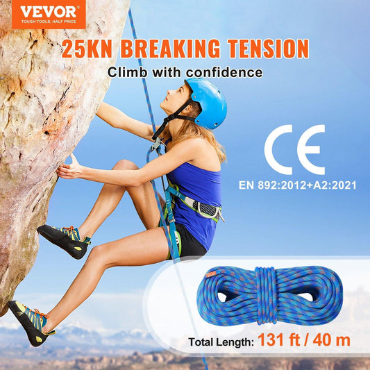 10.2mm Dynamic Climbing Rope, 40M(131ft) Outdoor Rock Climbing Rope 25KN Breaking Tension, Stretchable Fiber Rope with Steel Snap Hooks for Escape, Rappelling, Fire Rescue, Blue.