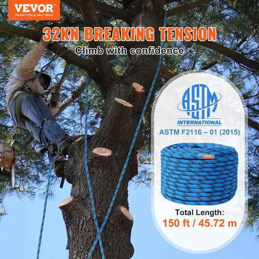 12.7mm Static Climbing Rope, 45.7M(150ft) Outdoor Rock Climbing Rope 30KN Breaking Tension, Fiber Rope with Steel Snap Hooks for Escape, Rappelling, Fire Rescue, Blue.