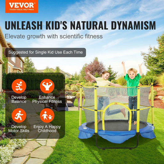 5FT Trampoline for Kids, 60" Indoor Outdoor Trampoline with Safety Enclosure Net, Basketball Hoop and Ocean Balls, Mini Toddler Recreational Trampoline Birthday Gifts for 3+ Years Kids.
