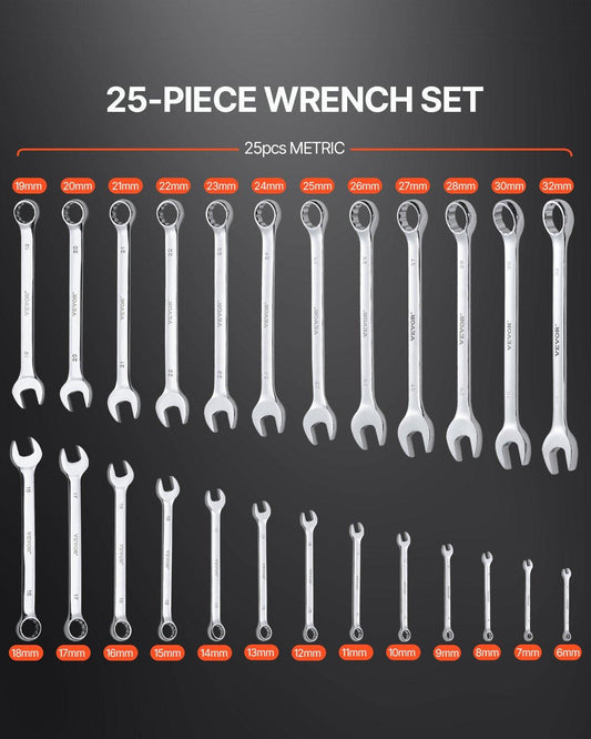 Combination Wrench Set 25-Piece Metric 6 mm to 32 mm with Roll-up Pouch.
