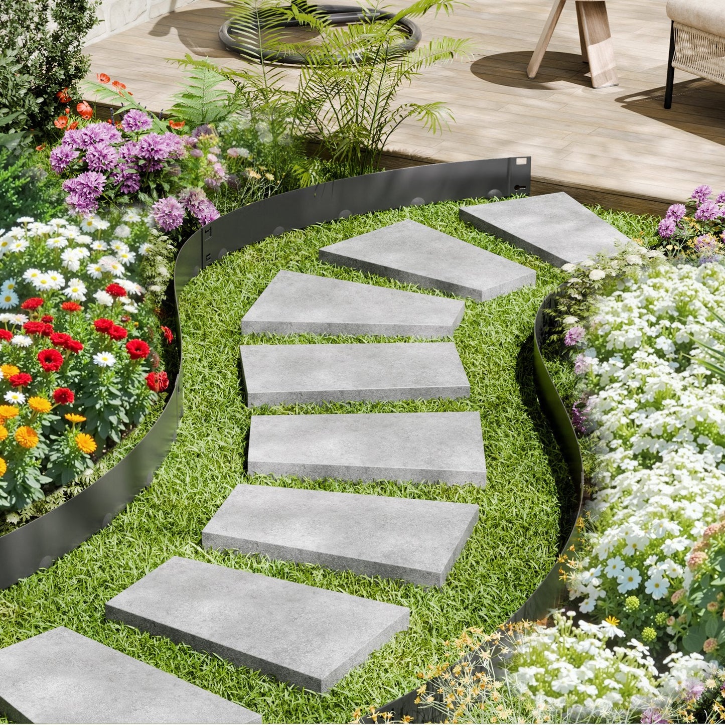 Steel Landscape Edging, 5 Packs 990 x 207 mm Rust-Resistant Metal Landscape Edging, Bendable Garden Edging Border, Heavy Duty Lawn Edging, Easy-to-Install, Flower Bed Yard Pathway Divider Black