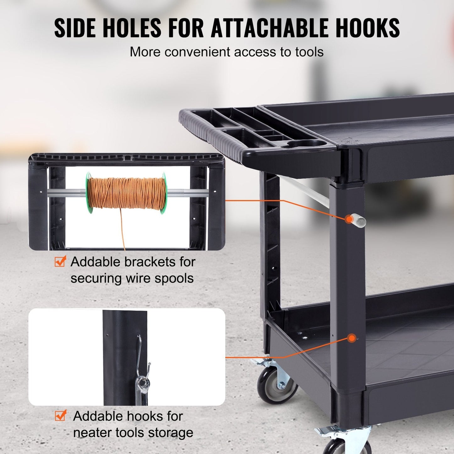 Utility Service Cart, 2 Shelf 550LBS Heavy Duty Plastic Rolling Utility Cart with 360° Swivel Wheels (2 with Brakes), Large Lipped Shelf, Ergonomic Storage Handle for Warehouse/Garage/Cleaning