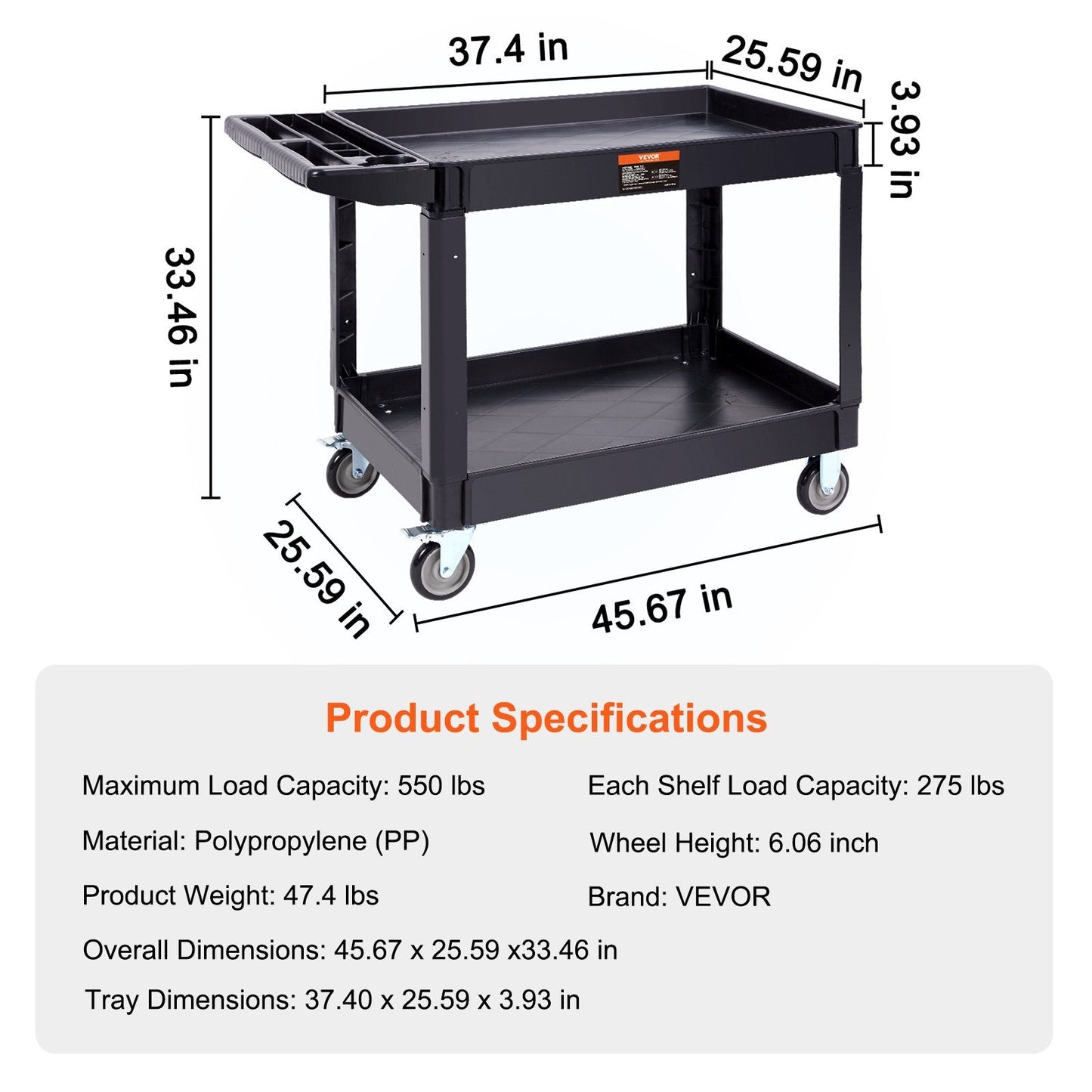 Utility Service Cart, 2 Shelf 550LBS Heavy Duty Plastic Rolling Utility Cart with 360° Swivel Wheels (2 with Brakes), Large Lipped Shelf, Ergonomic Storage Handle for Warehouse/Garage/Cleaning