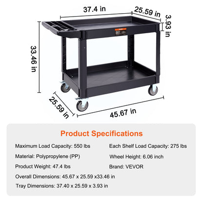 Utility Service Cart, 2 Shelf 550LBS Heavy Duty Plastic Rolling Utility Cart with 360° Swivel Wheels (2 with Brakes), Large Lipped Shelf, Ergonomic Storage Handle for Warehouse/Garage/Cleaning