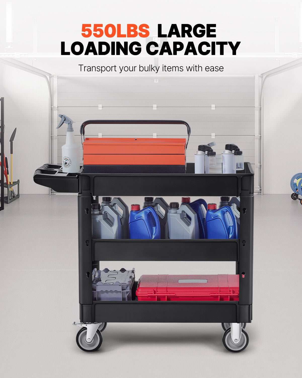 Utility Service Cart, 550 LBS Laod Capacity, 3 Shelf Heavy Duty Plastic Rolling Utility Cart with 360° Swivel Wheels (2 with Brakes), Ergonomic Storage Handle for Warehouse/Garage/Cleaning