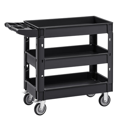 Utility Service Cart, 550 LBS Laod Capacity, 3 Shelf Heavy Duty Plastic Rolling Utility Cart with 360° Swivel Wheels (2 with Brakes), Ergonomic Storage Handle for Warehouse/Garage/Cleaning
