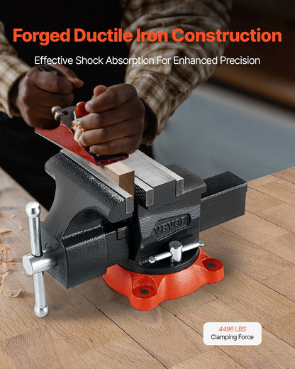Bench Vise, 140 mm Jaw Width, 140 mm Max Jaw Opening Multipurpose Vise with 360° Swivel Locking Base, 73 mm Throat, Heavy Duty Ductile Iron Workbench Vise, Two-Way Jaws for Clamping Round Pipes