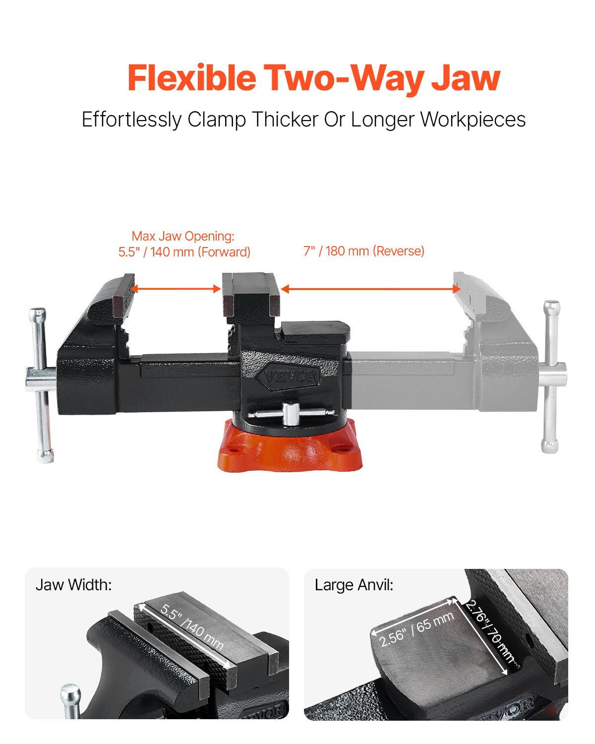 Bench Vise, 140 mm Jaw Width, 140 mm Max Jaw Opening Multipurpose Vise with 360° Swivel Locking Base, 73 mm Throat, Heavy Duty Ductile Iron Workbench Vise, Two-Way Jaws for Clamping Round Pipes