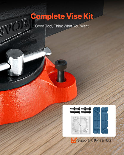 Bench Vise, 140 mm Jaw Width, 140 mm Max Jaw Opening Multipurpose Vise with 360° Swivel Locking Base, 73 mm Throat, Heavy Duty Ductile Iron Workbench Vise, Two-Way Jaws for Clamping Round Pipes