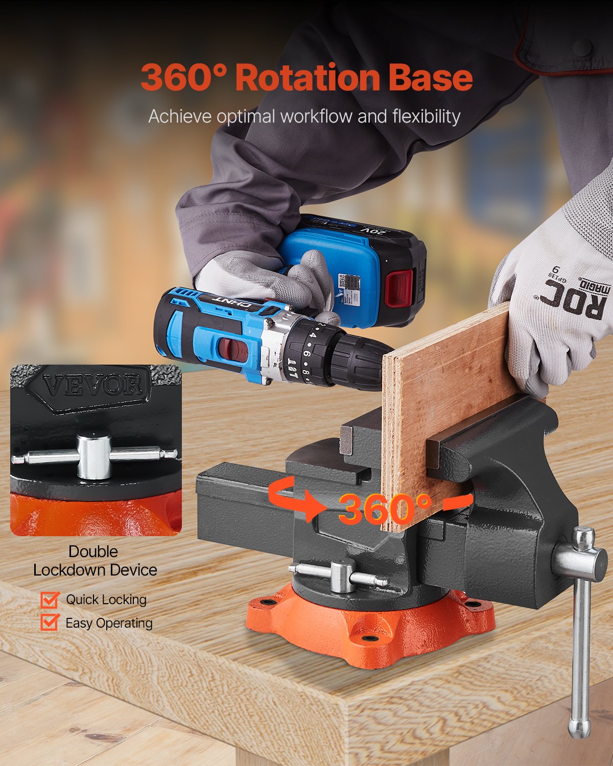Bench Vise, 140 mm Jaw Width, 140 mm Max Jaw Opening Multipurpose Vise with 360° Swivel Locking Base, 73 mm Throat, Heavy Duty Ductile Iron Workbench Vise, Two-Way Jaws for Clamping Round Pipes