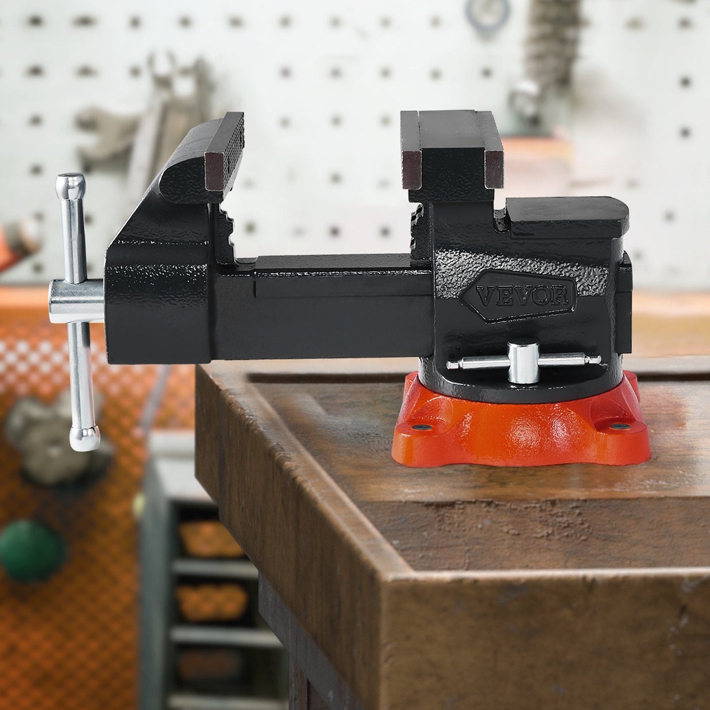 Bench Vise, 140 mm Jaw Width, 140 mm Max Jaw Opening Multipurpose Vise with 360° Swivel Locking Base, 73 mm Throat, Heavy Duty Ductile Iron Workbench Vise, Two-Way Jaws for Clamping Round Pipes