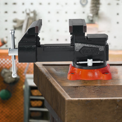 Bench Vise, 140 mm Jaw Width, 140 mm Max Jaw Opening Multipurpose Vise with 360° Swivel Locking Base, 73 mm Throat, Heavy Duty Ductile Iron Workbench Vise, Two-Way Jaws for Clamping Round Pipes