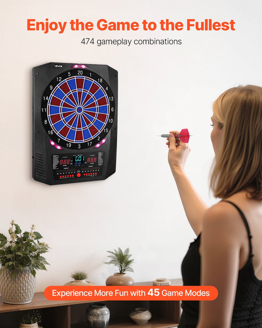 Electronic Dart Board, 336mm Target Dartboard with 45 Games & 474 Variations for Up to 8 Players, 6 Dart Shafts with Flights & 50 Soft Tips, Color LED Cricket Scoring Screen for Home Party Bar.