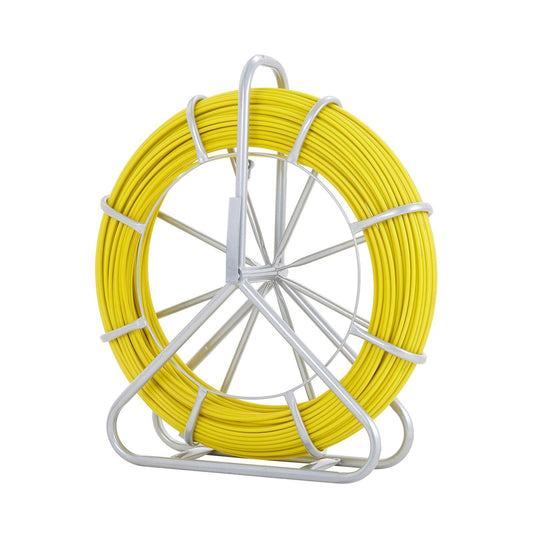 Fish Tape Fiberglass, 150 m, 7.9 mm, Duct Rodder Fishtape Wire Puller, Cable Running Rod with Steel Reel Stand, 3 Pulling Heads, Fishing Tools for Walls and Electrical Conduit, Non-Conductive.