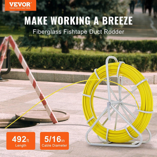 Fish Tape Fiberglass, 150 m, 7.9 mm, Duct Rodder Fishtape Wire Puller, Cable Running Rod with Steel Reel Stand, 3 Pulling Heads, Fishing Tools for Walls and Electrical Conduit, Non-Conductive.
