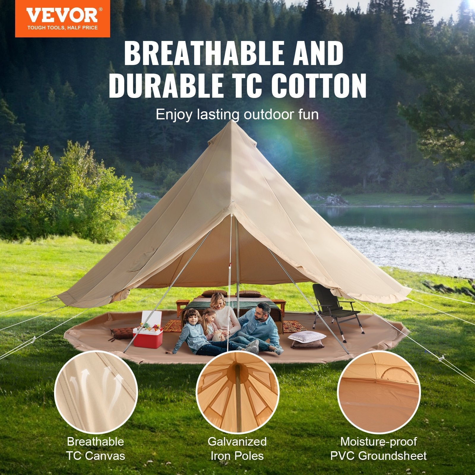 Canvas Bell Tent 3m/9.8ft 4-Season Canvas Tent for Camping with Stove Jack.