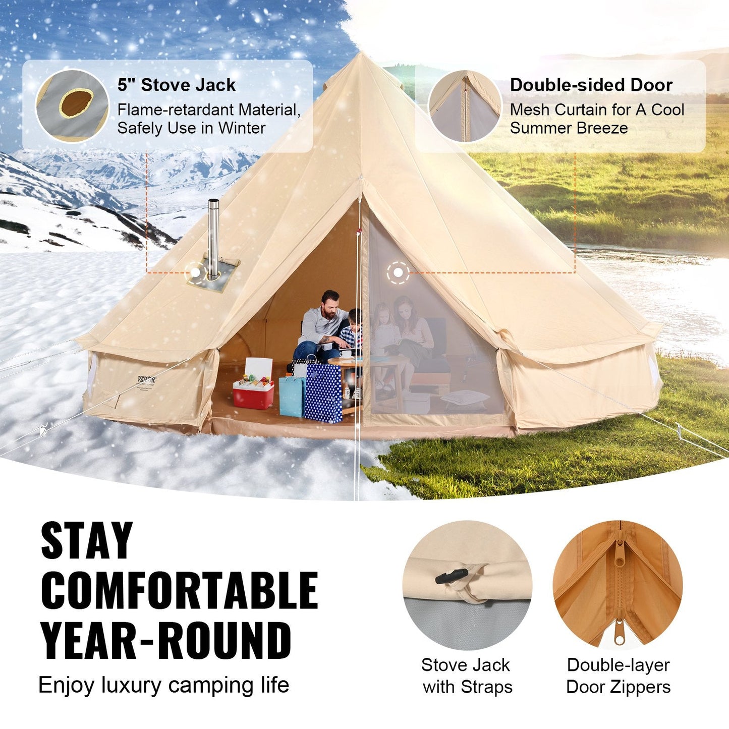 Canvas Bell Tent 3m/9.8ft 4-Season Canvas Tent for Camping with Stove Jack.