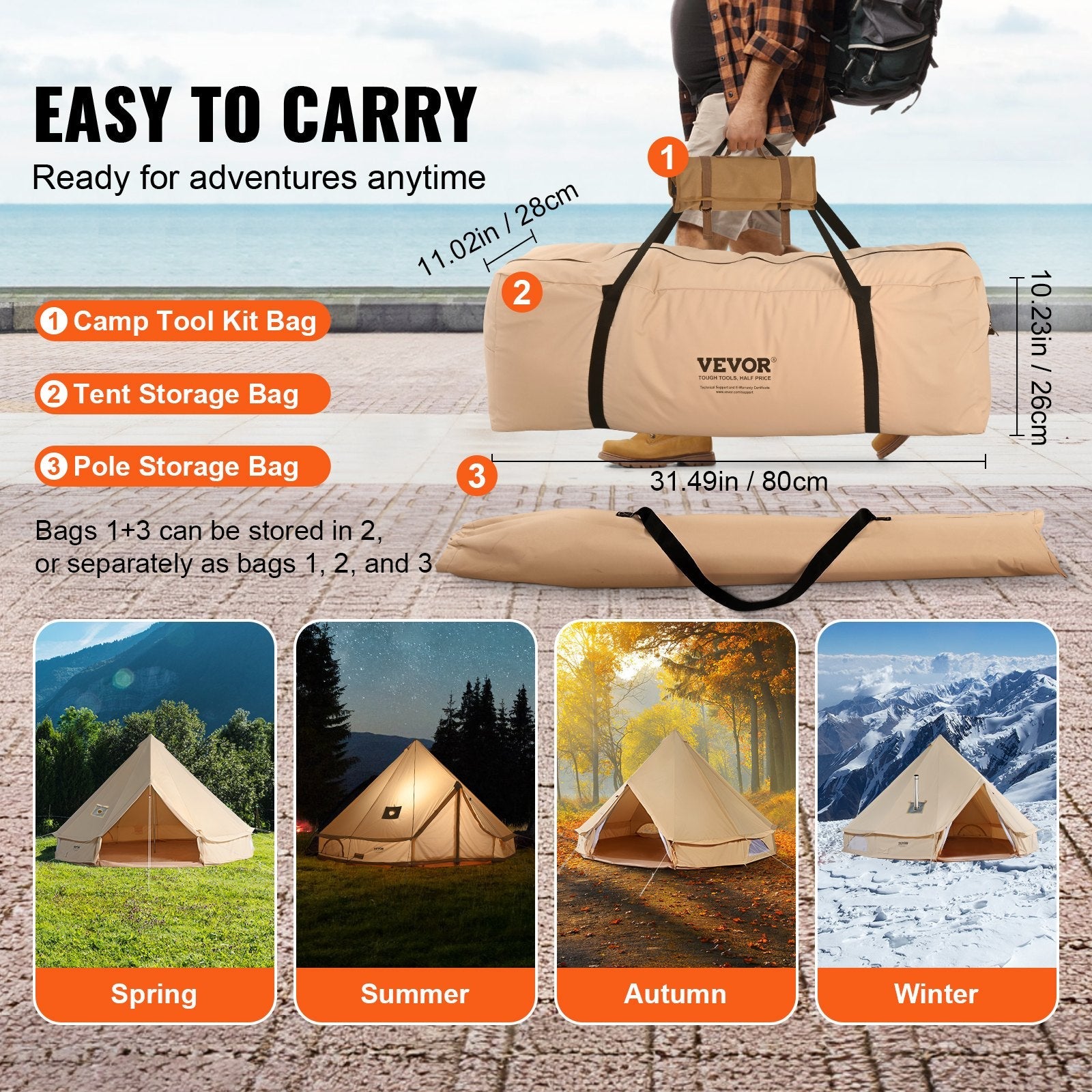Canvas Bell Tent 3m/9.8ft 4-Season Canvas Tent for Camping with Stove Jack.