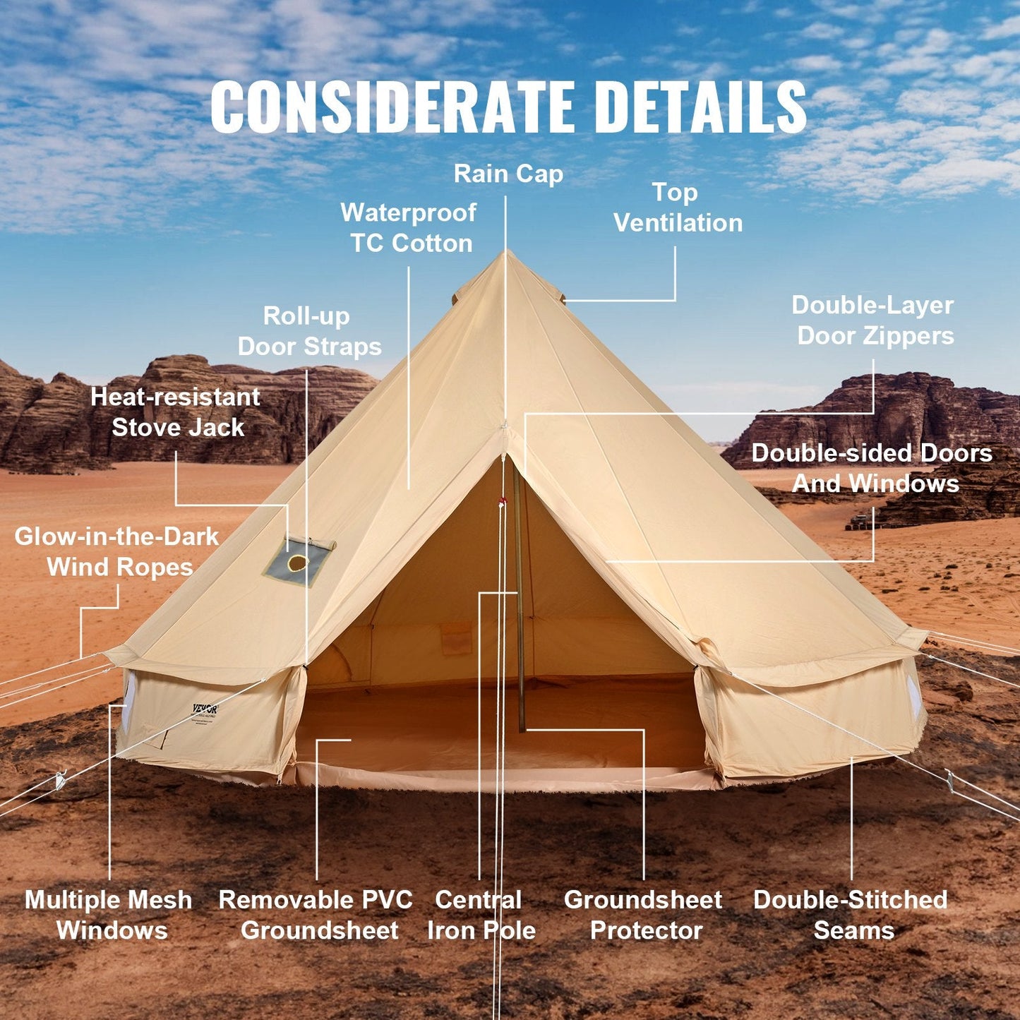 Canvas Bell Tent 3m/9.8ft 4-Season Canvas Tent for Camping with Stove Jack.