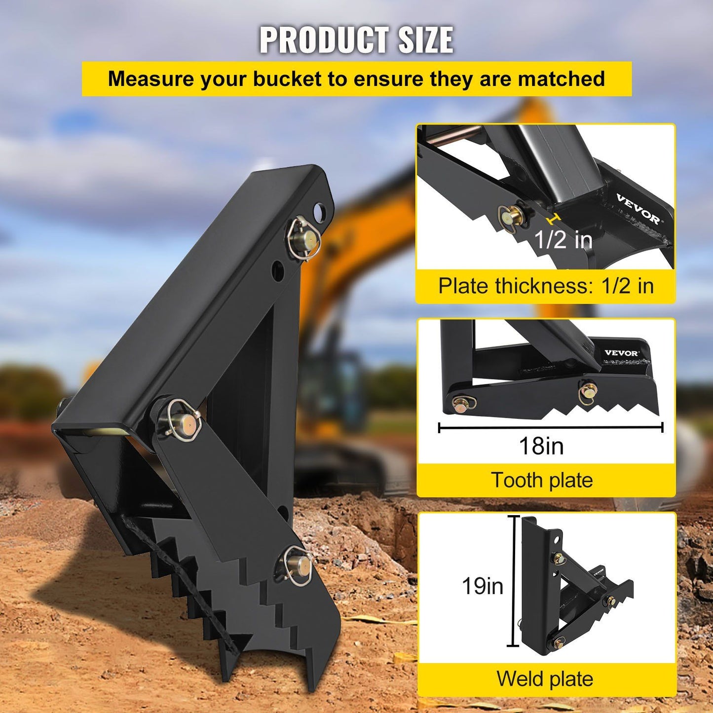 45.7 cm Backhoe Thumb, 12 mm Teeth Thickness Heavy Duty Excavator Thumb, Black Steel Weld On Thumb Attachments with 12mm Bolt-On Design Adjustable Mechanical Thumb for Backhoe/Excavator
