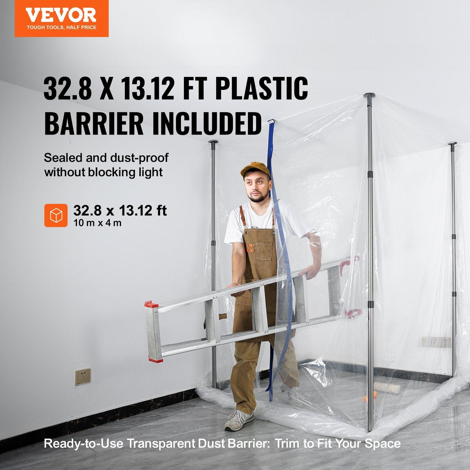 Dust Barrier Poles, 12 Ft Barrier Poles, Dust Barrier System with 4 Telescoping Poles, Magnetic Zipper, Carry Bag and 32.8x13.12 Ft Plastic Film, for Interior Decoration, Painting.