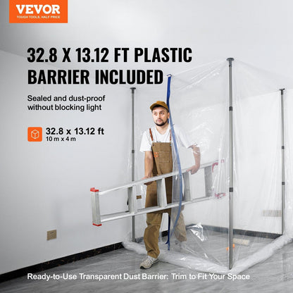 Dust Barrier Poles, 12 Ft Barrier Poles, Dust Barrier System with 4 Telescoping Poles, Magnetic Zipper, Carry Bag and 32.8x13.12 Ft Plastic Film, for Interior Decoration, Painting.