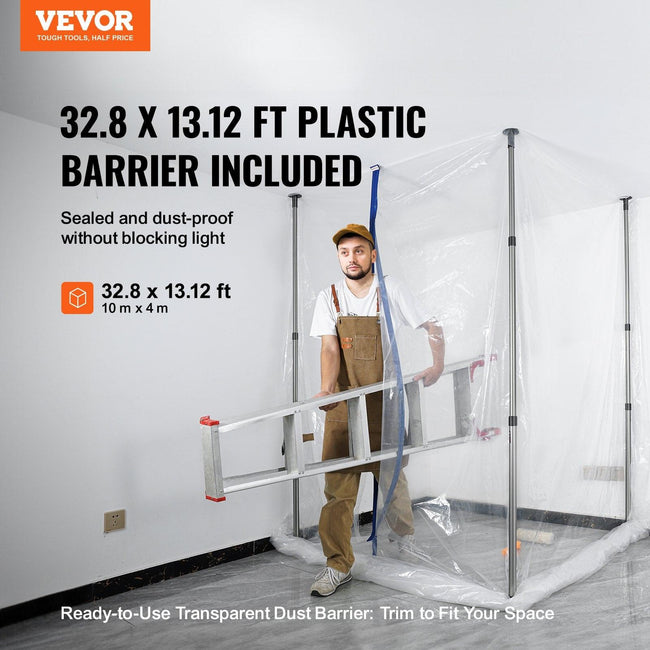 Dust Barrier Poles, 12 Ft Barrier Poles, Dust Barrier System with 4 Telescoping Poles, Magnetic Zipper, Carry Bag and 32.8x13.12 Ft Plastic Film, for Interior Decoration, Painting Main Image