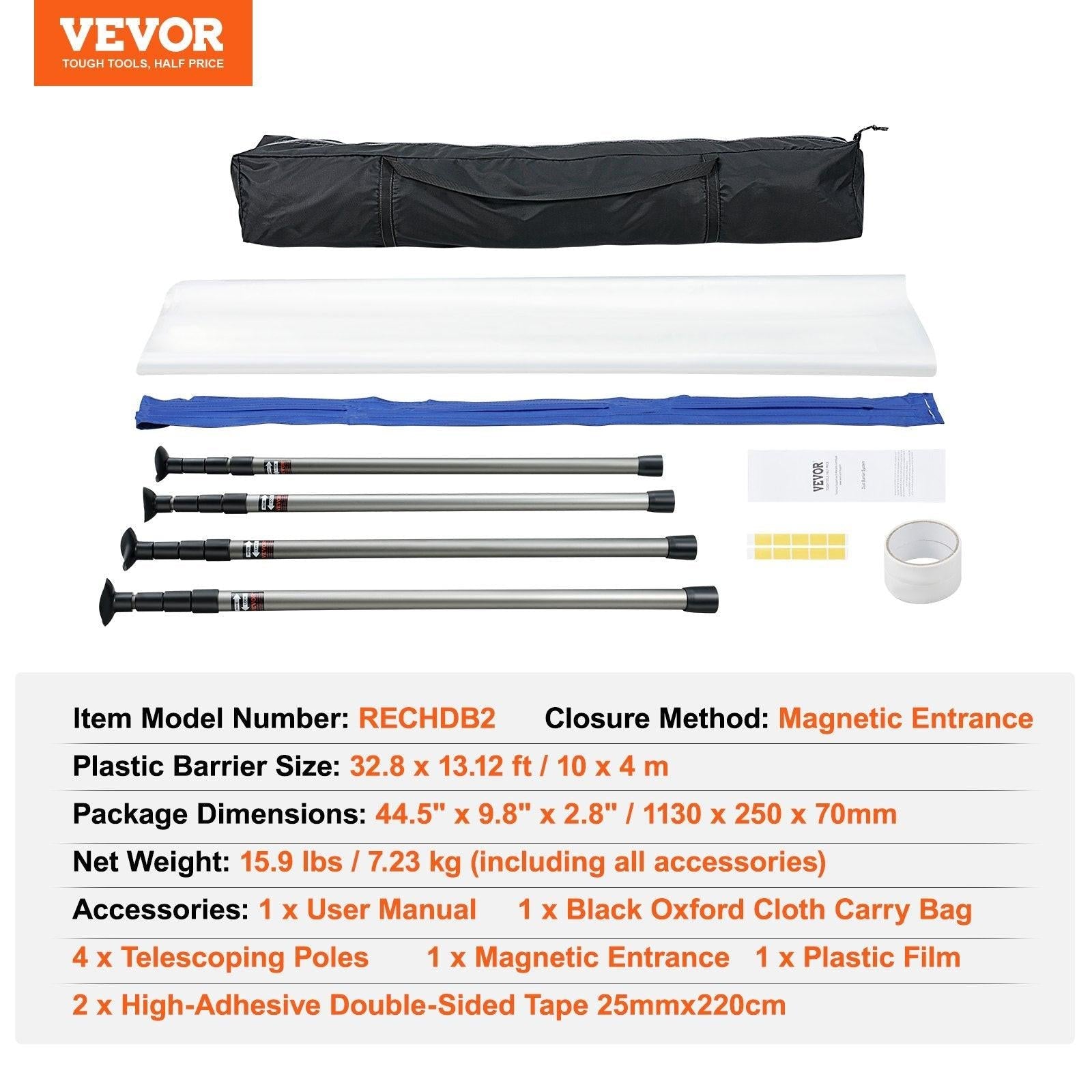 Dust Barrier Poles, 12 Ft Barrier Poles, Dust Barrier System with 4 Telescoping Poles, Magnetic Zipper, Carry Bag and 32.8x13.12 Ft Plastic Film, for Interior Decoration, Painting.
