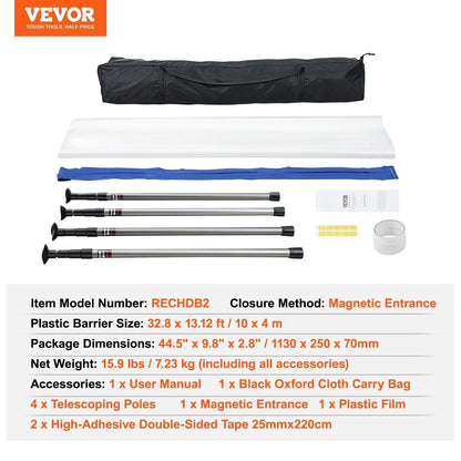 Dust Barrier Poles, 12 Ft Barrier Poles, Dust Barrier System with 4 Telescoping Poles, Magnetic Zipper, Carry Bag and 32.8x13.12 Ft Plastic Film, for Interior Decoration, Painting.